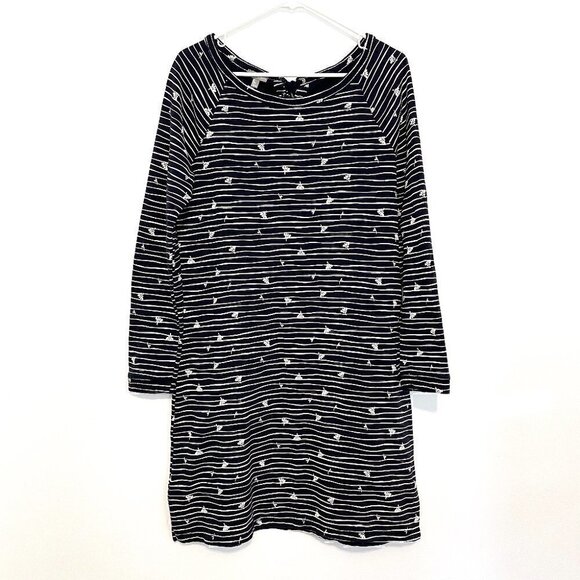 T BY TALBOTS Long Sleeve Mixed Print Dress Navy Blue Cream Striped Floral Cotton - Picture 2 of 11